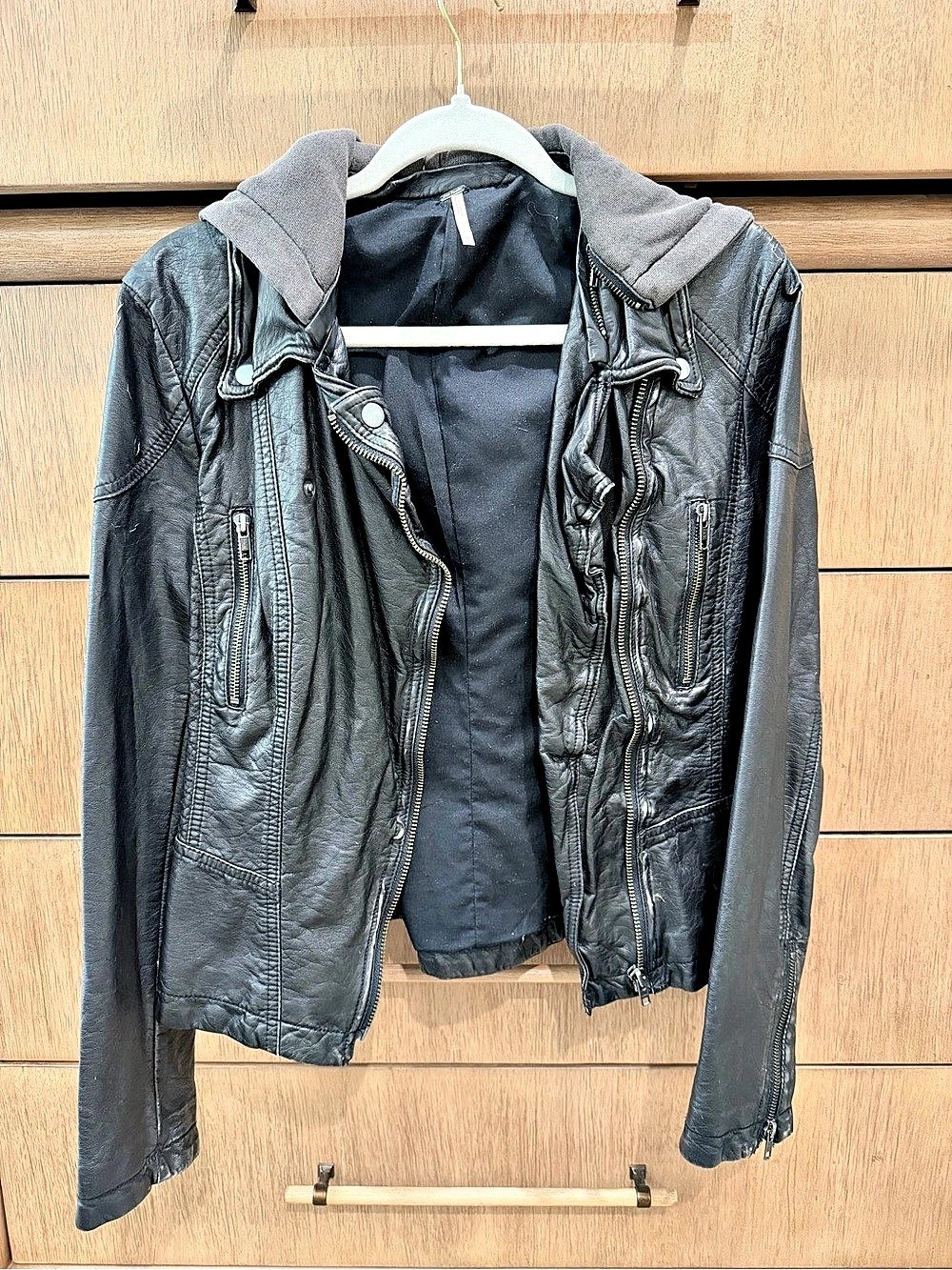 Free People Distressed Black Leather Jacket With Hood
